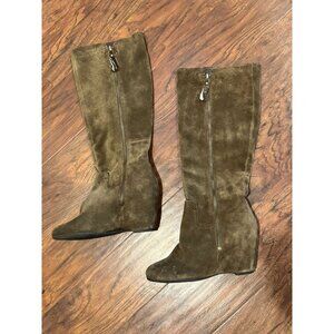 Franco Sarto olive Green Knee-High Suede Wedge Boots Side Zipper Closure Sz 5
